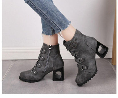 Women  Ankle Pumps Pu Leather Toe Boots Solid Autumn Winter  High-Heeled Shoes