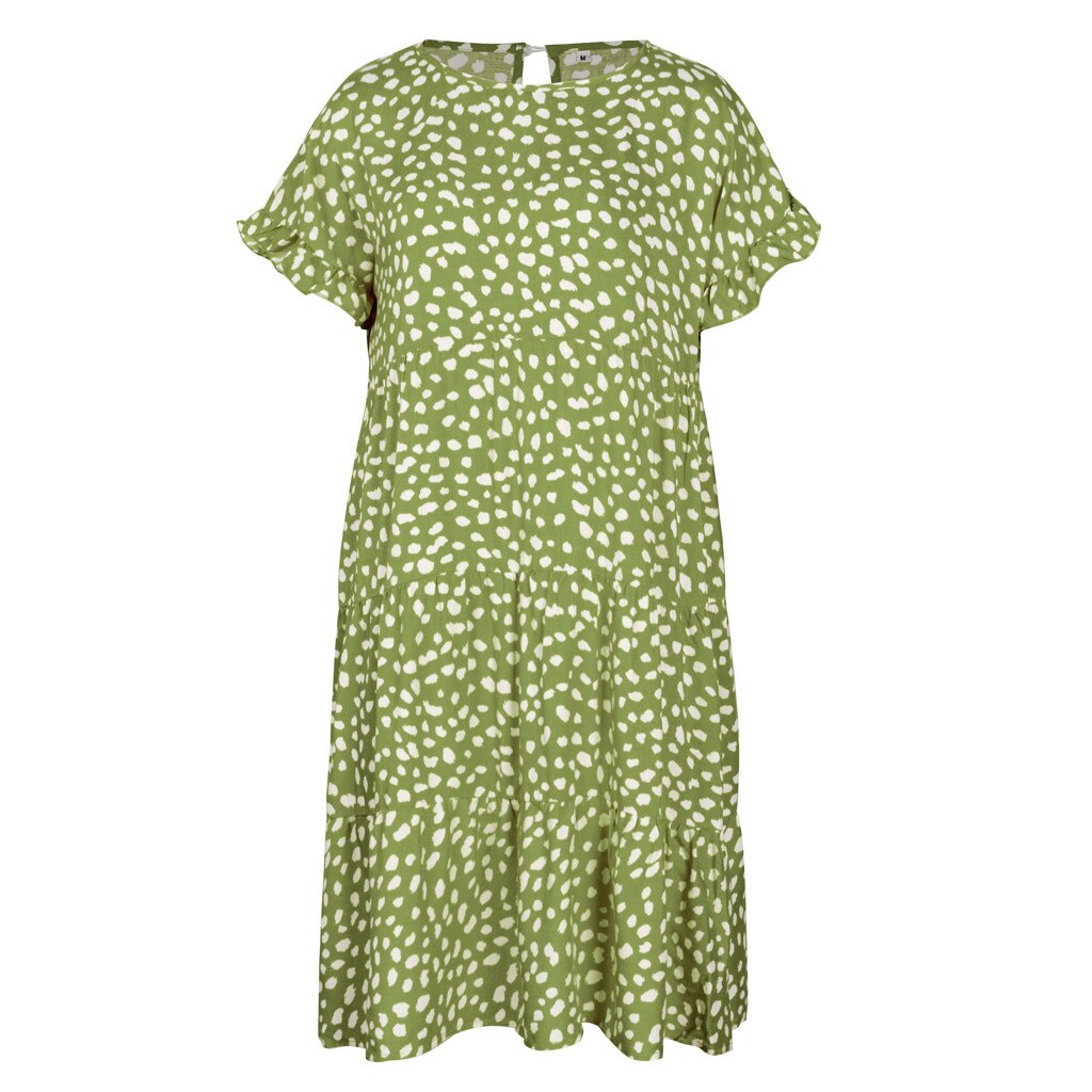 Women Loose O-Neck Short Sleeve Dots Print Mini Dresses