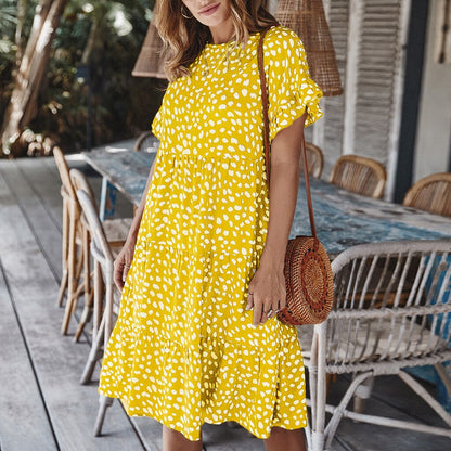 Women Loose O-Neck Short Sleeve Dots Print Mini Dresses