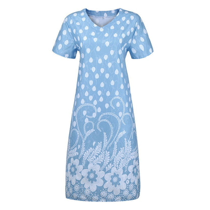 Summer Dot Floral Print V-Neck Short Sleeves Midi Dress