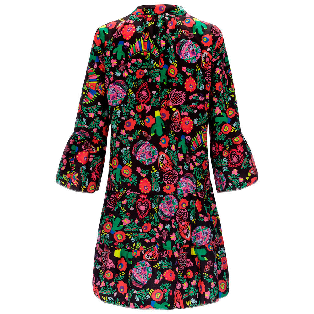 Women'S Dresses Plus Size Loose Print Long Sleeve V-Collar Button Mini Dress