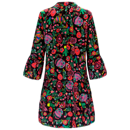 Women'S Dresses Plus Size Loose Print Long Sleeve V-Collar Button Mini Dress