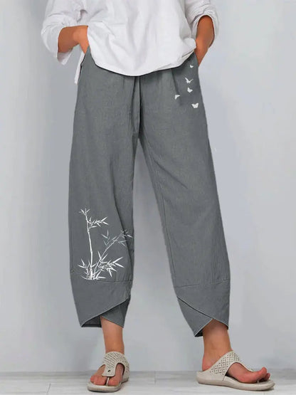 Vintage Print Women Pants Fashion Irregular Casual High Waist Elastic Waist Straight Loose Trousers Summer Lady Cargo Pantalon