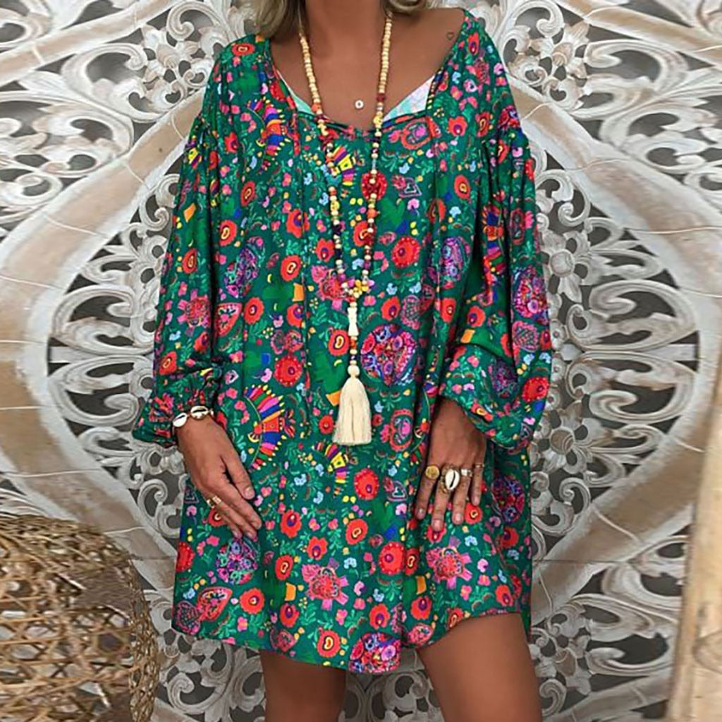 Women'S Summer Boho Vintage Floral Print Deep V Neck Beach Mini Dresses