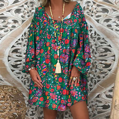 Women'S Summer Boho Vintage Floral Print Deep V Neck Beach Mini Dresses