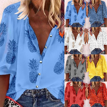 Women Blouse Sexy V-Neck Tops Pineapple Printed Shirts