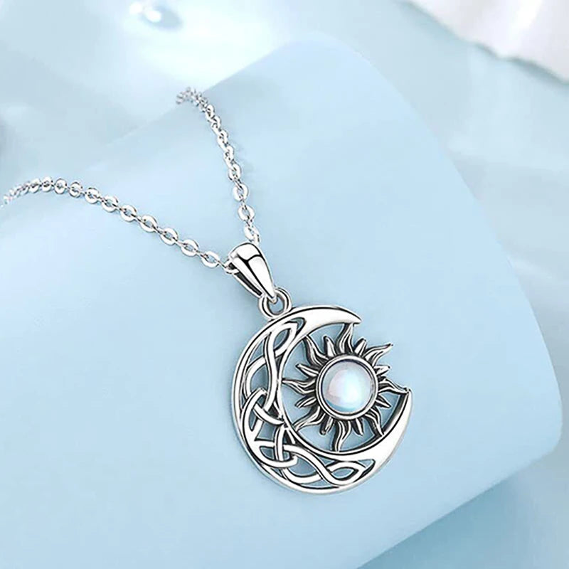 Huitan Aesthetic Sun And Moon Design Women'S Pendant Necklace With Imitation Opal Stone Boho Style Beach Vocation Jewelry Gift