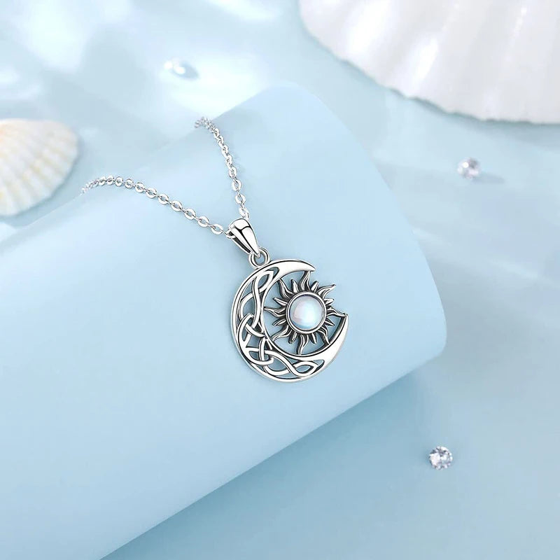 Huitan Aesthetic Sun And Moon Design Women'S Pendant Necklace With Imitation Opal Stone Boho Style Beach Vocation Jewelry Gift