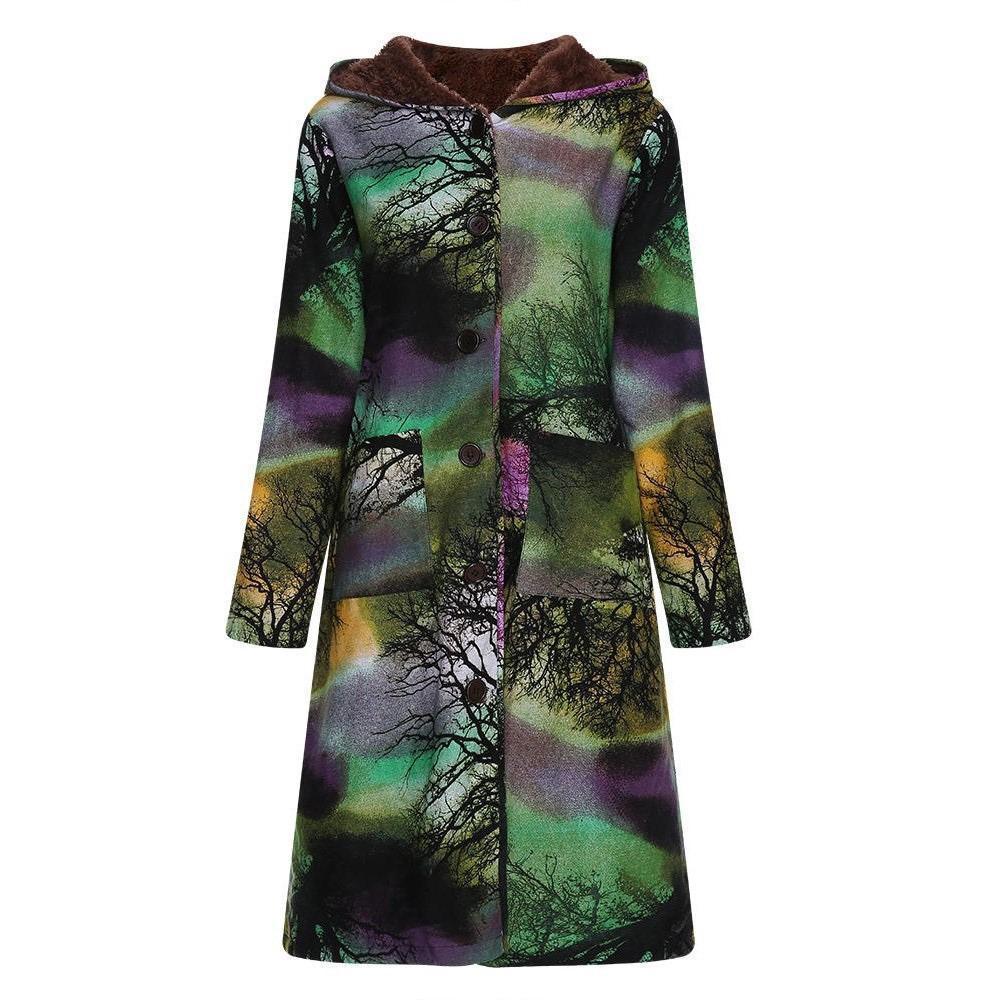 Autumn And Winter Women Printed Long Cotton Jacket  Plus Size Velvet Hoodie