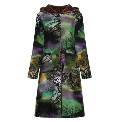 Autumn And Winter Women Printed Long Cotton Jacket  Plus Size Velvet Hoodie