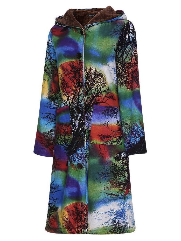 Autumn And Winter Women Printed Long Cotton Jacket  Plus Size Velvet Hoodie