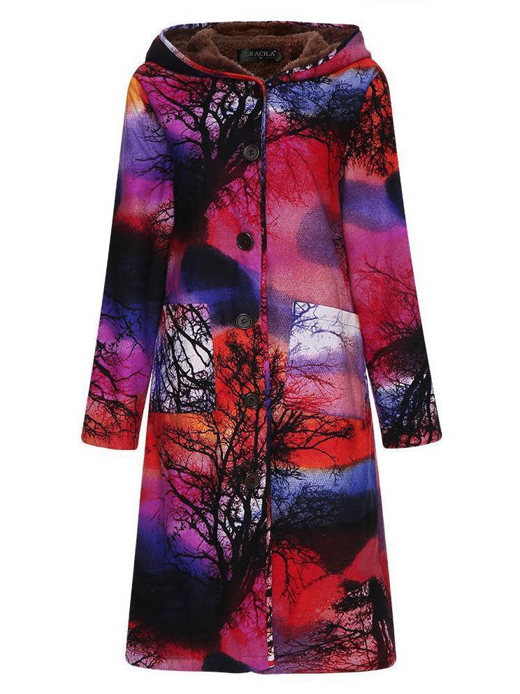 Autumn And Winter Women Printed Long Cotton Jacket  Plus Size Velvet Hoodie