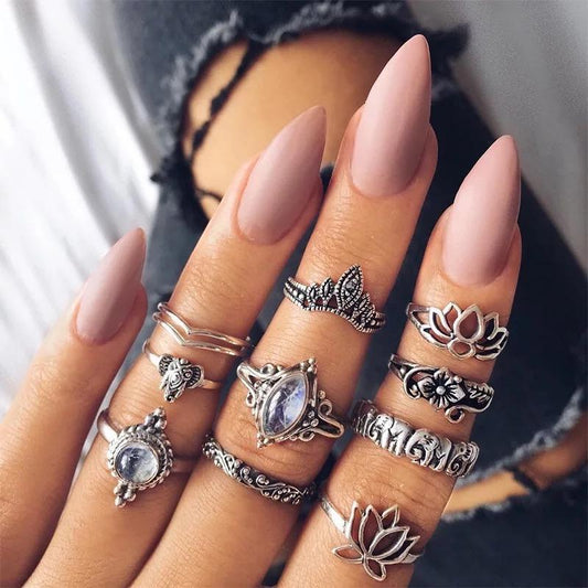 10 Pcs/Lot Vintage Opal Stone Finger Lotus Ring Set Antique Boho Jewelry Knuckle Rings For Xmas Party