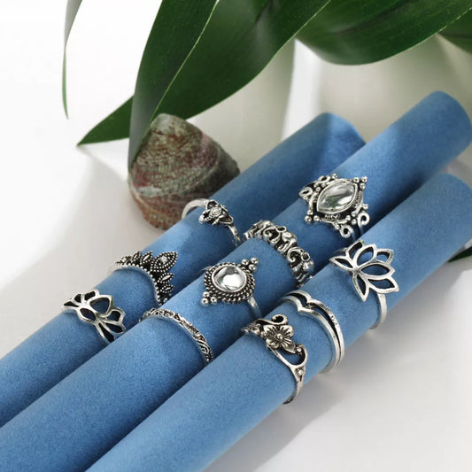 10 Pcs/Lot Vintage Opal Stone Finger Lotus Ring Set Antique Boho Jewelry Knuckle Rings For Xmas Party