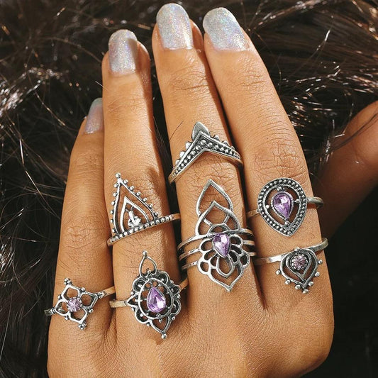 7 Pcs/Set Color Crystal Indian Ethnic Wind Hollow Flower Modeling Vintage Exaggerated Combination Ring For Xmas Party