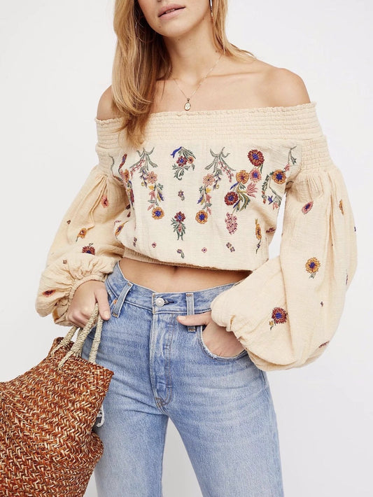 Embroidered Puff-Sleeves Blouses&Shirts Top