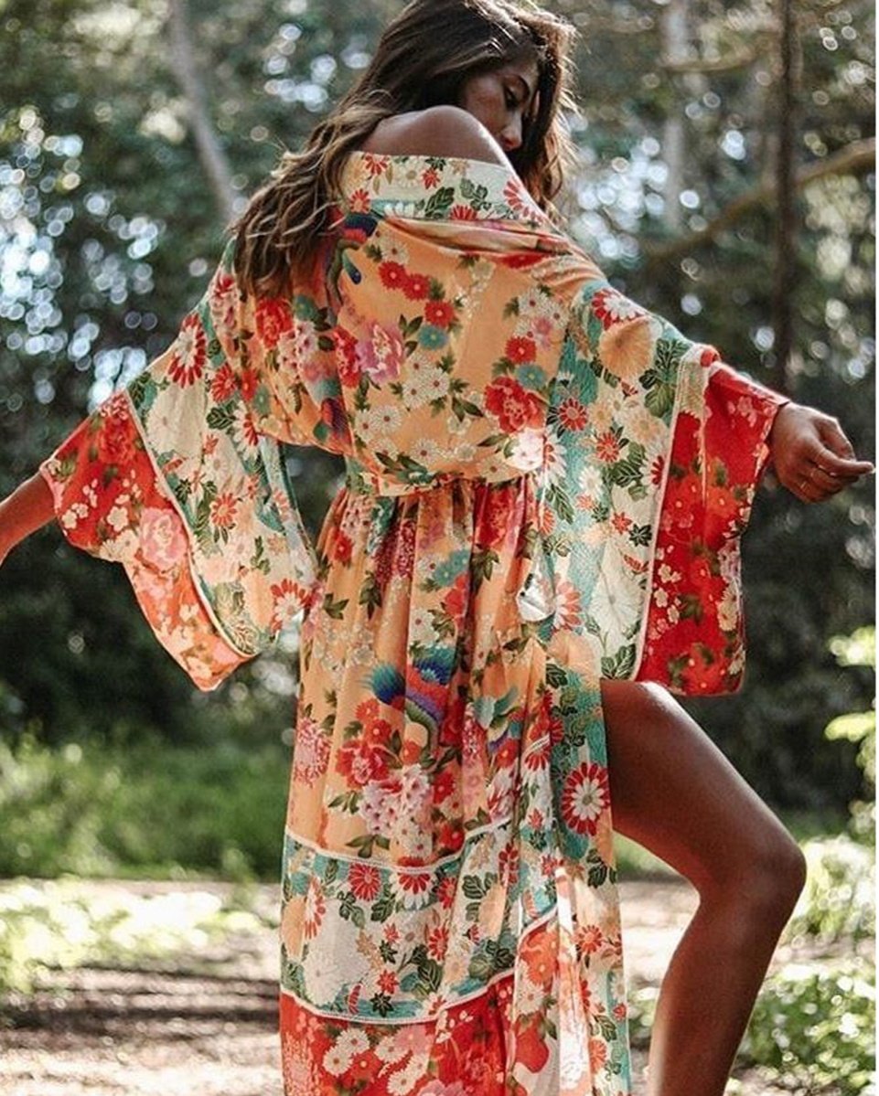 Boho Patchwork Maxi Floral Print Long Batwing Sleeve Belt Cover-Up