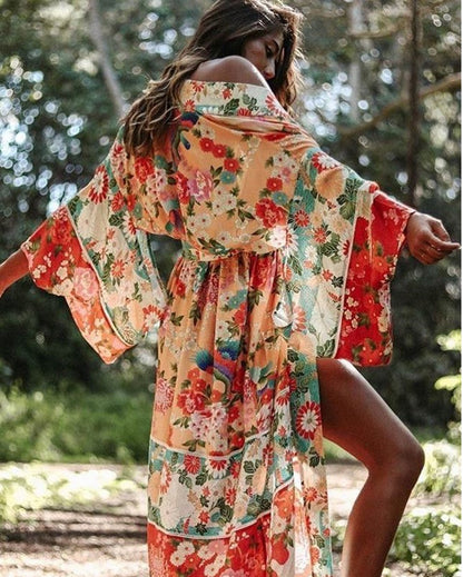 Boho Patchwork Maxi Floral Print Long Batwing Sleeve Belt Cover-Up