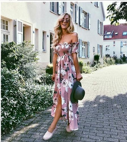 Sexy Off Shoulder High Split Floral Boho Causal Dress