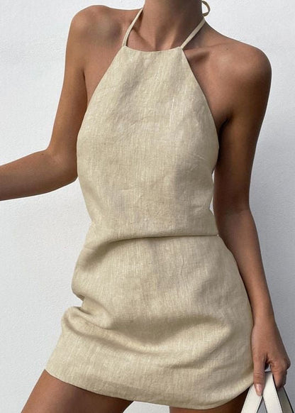 Linen Halter Mini Dress With Adjustable Tie Backs