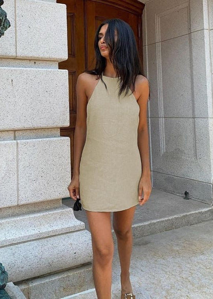 Linen Halter Mini Dress With Adjustable Tie Backs