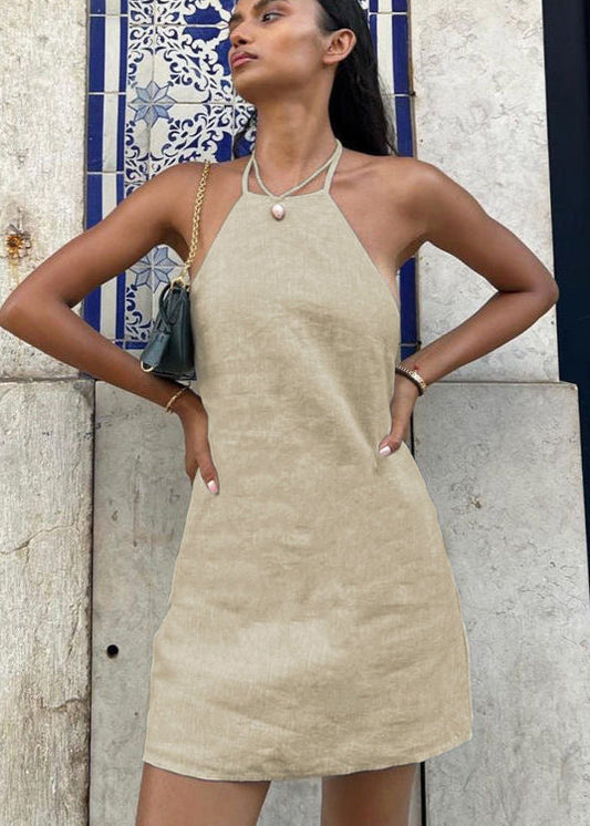 Linen Halter Mini Dress With Adjustable Tie Backs