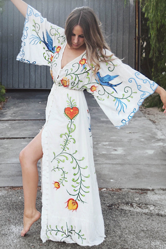 Summer New Arrival Flower Embroidery V-Neck Large Morning Glory Sleeve Dress Goddess Dress