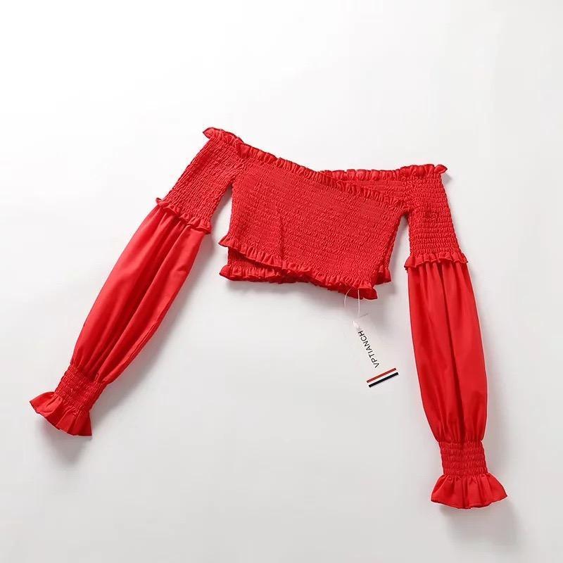 7 Colors Off-The-Shoulder Fashion Umbilical Slim Long-Sleeved T-Shirt Solid Color Top