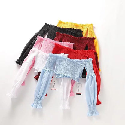 7 Colors Off-The-Shoulder Fashion Umbilical Slim Long-Sleeved T-Shirt Solid Color Top