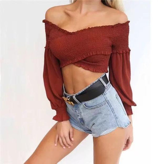 7 Colors Off-The-Shoulder Fashion Umbilical Slim Long-Sleeved T-Shirt Solid Color Top