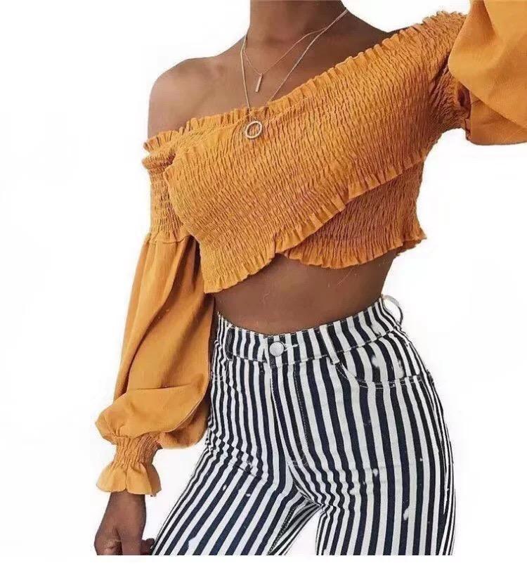 7 Colors Off-The-Shoulder Fashion Umbilical Slim Long-Sleeved T-Shirt Solid Color Top