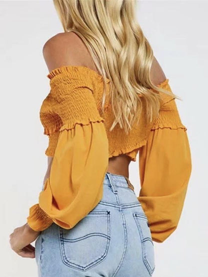 7 Colors Off-The-Shoulder Fashion Umbilical Slim Long-Sleeved T-Shirt Solid Color Top
