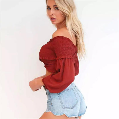 7 Colors Off-The-Shoulder Fashion Umbilical Slim Long-Sleeved T-Shirt Solid Color Top