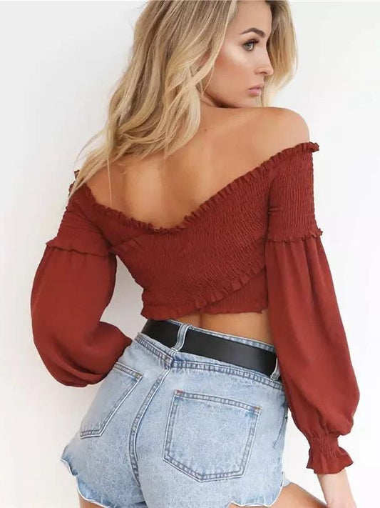 7 Colors Off-The-Shoulder Fashion Umbilical Slim Long-Sleeved T-Shirt Solid Color Top