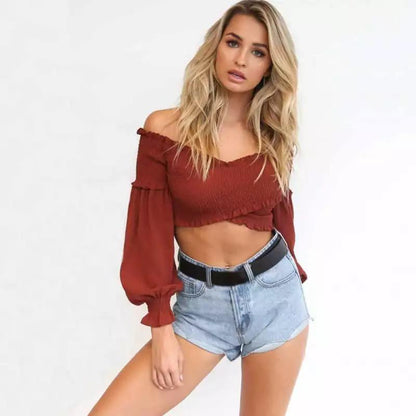 7 Colors Off-The-Shoulder Fashion Umbilical Slim Long-Sleeved T-Shirt Solid Color Top