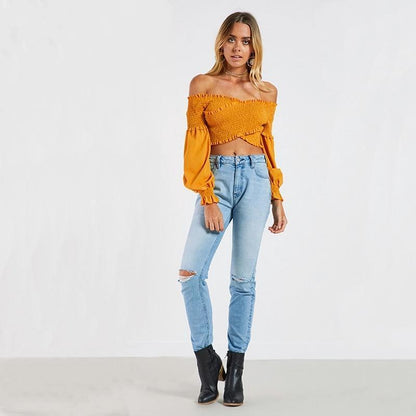 7 Colors Off-The-Shoulder Fashion Umbilical Slim Long-Sleeved T-Shirt Solid Color Top