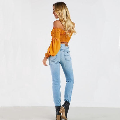 7 Colors Off-The-Shoulder Fashion Umbilical Slim Long-Sleeved T-Shirt Solid Color Top