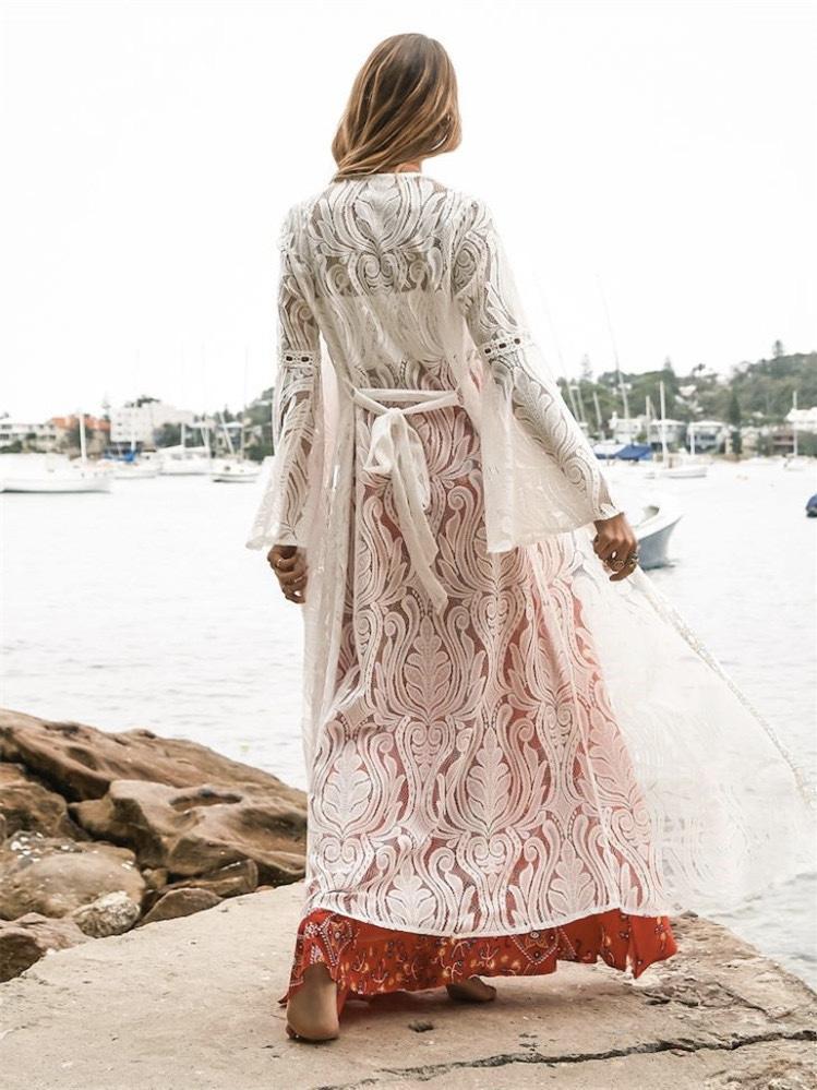 White Fashion Sexy Mesh Lace V Neck Beach Maxi Cover-Up