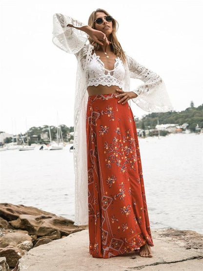 White Fashion Sexy Mesh Lace V Neck Beach Maxi Cover-Up