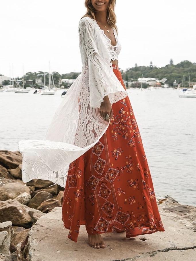 White Fashion Sexy Mesh Lace V Neck Beach Maxi Cover-Up
