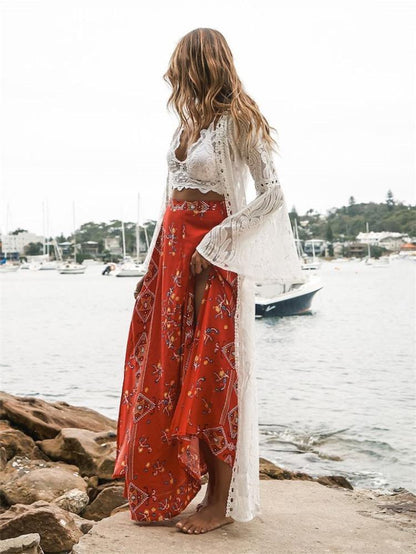 White Fashion Sexy Mesh Lace V Neck Beach Maxi Cover-Up