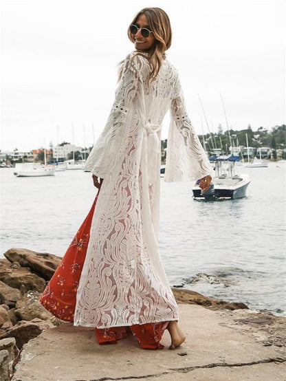 White Fashion Sexy Mesh Lace V Neck Beach Maxi Cover-Up