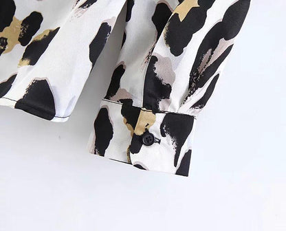 Black & White Leopard Vintage Sexy Women Loose Chiffon Long Sleeve Shirt Blouse