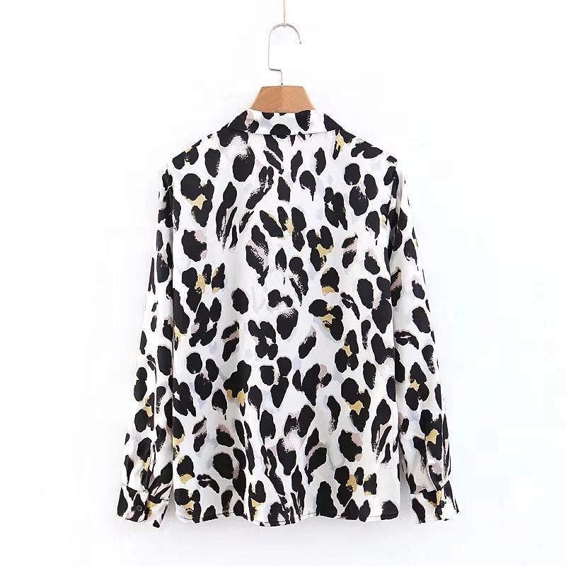 Black & White Leopard Vintage Sexy Women Loose Chiffon Long Sleeve Shirt Blouse