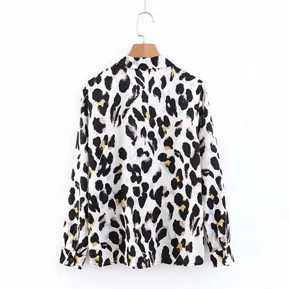 Black & White Leopard Vintage Sexy Women Loose Chiffon Long Sleeve Shirt Blouse