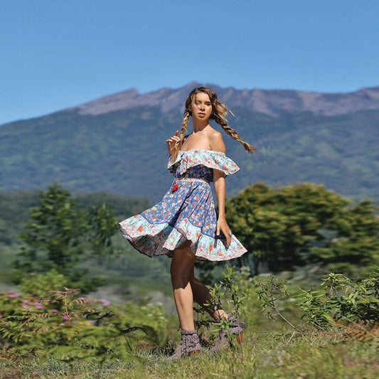 Blue Off-The-Shoulder Bohemia Mini Chiffon Floral Print Dress Beach Style Vacation Dress