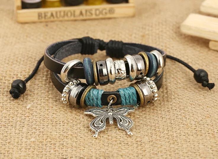 1Pcs Fashion Women Men Vintage Multilayer Butterfly Wood Bead Leather Braided Strand Bracelet