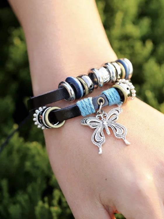 1Pcs Fashion Women Men Vintage Multilayer Butterfly Wood Bead Leather Braided Strand Bracelet