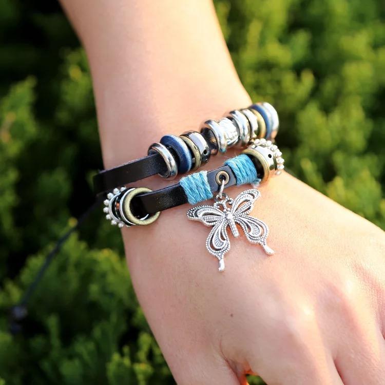 1Pcs Fashion Women Men Vintage Multilayer Butterfly Wood Bead Leather Braided Strand Bracelet