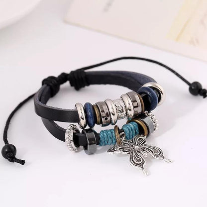 1Pcs Fashion Women Men Vintage Multilayer Butterfly Wood Bead Leather Braided Strand Bracelet